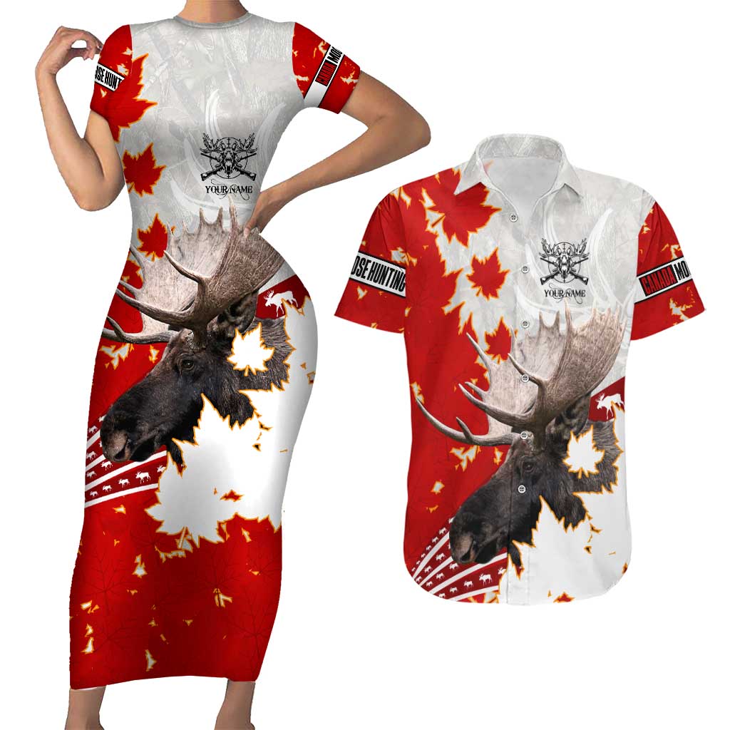 Moose Hunting Couples Matching Short Sleeve Bodycon Dress and Hawaiian Shirt Canada Maple Leaf