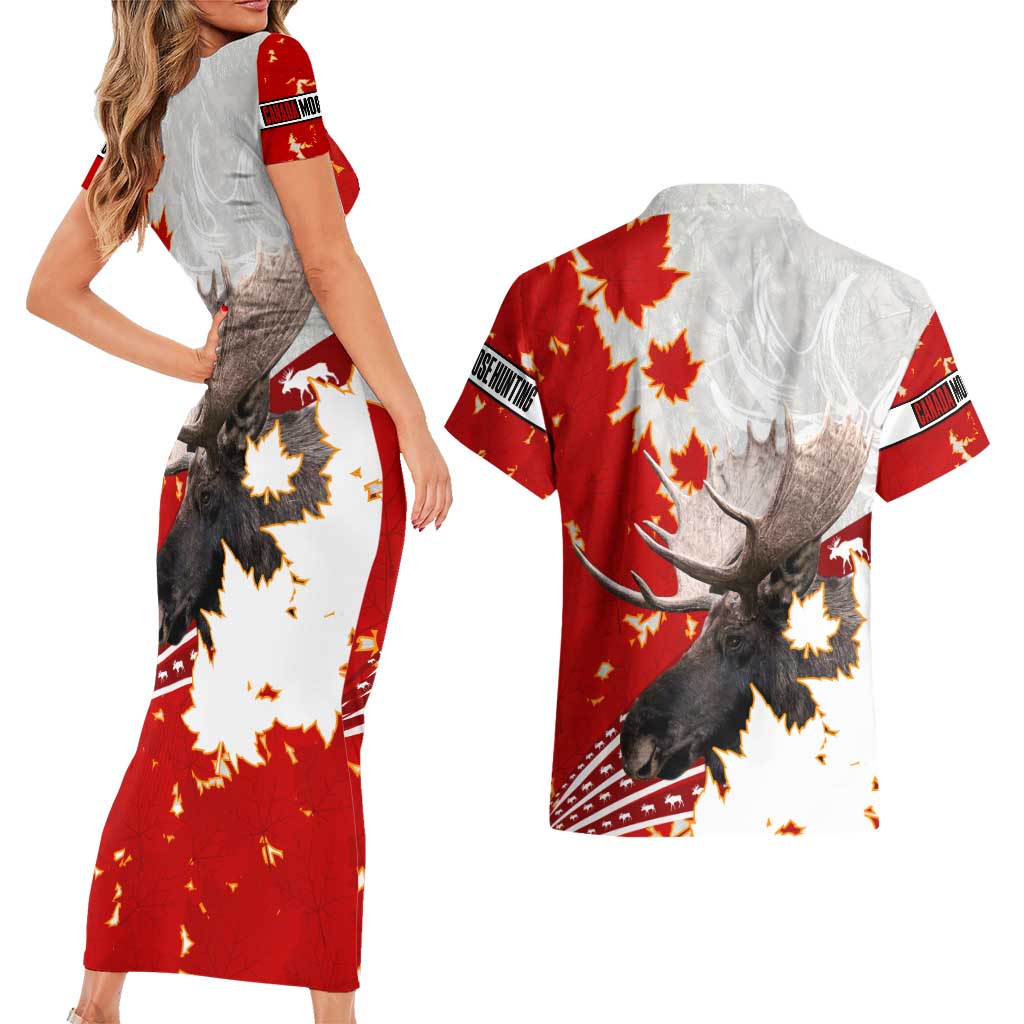 Moose Hunting Couples Matching Short Sleeve Bodycon Dress and Hawaiian Shirt Canada Maple Leaf