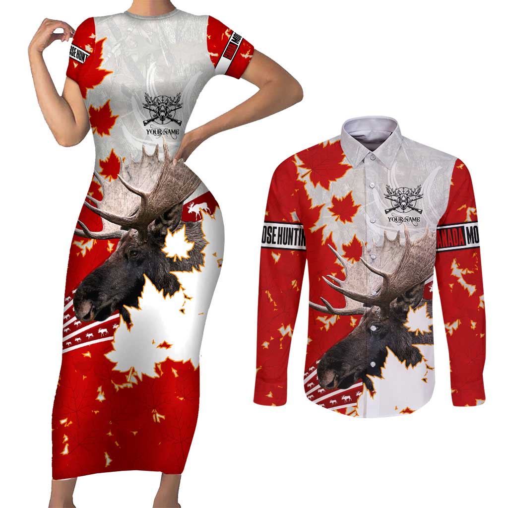 Moose Hunting Couples Matching Short Sleeve Bodycon Dress and Long Sleeve Button Shirt Canada Maple Leaf