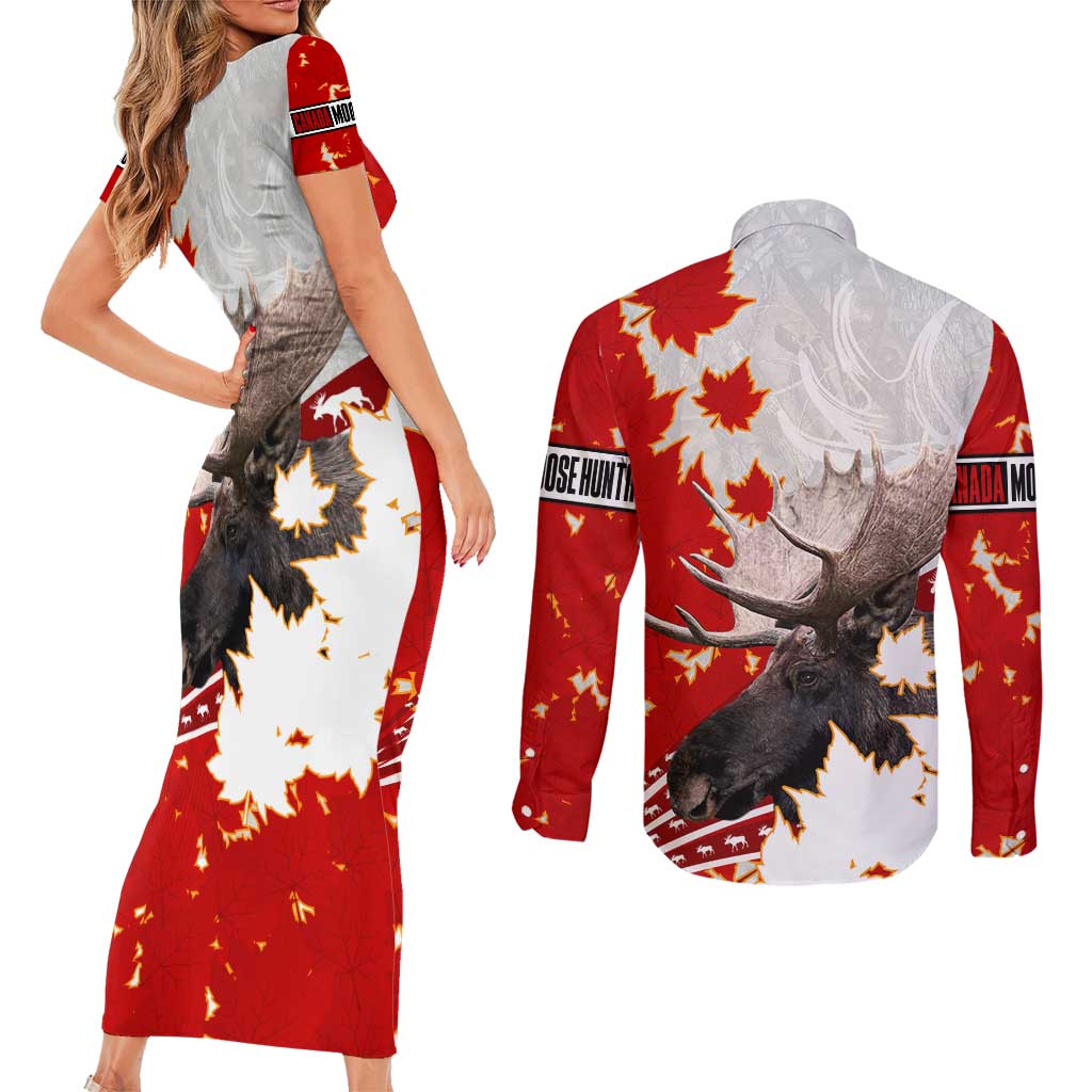Moose Hunting Couples Matching Short Sleeve Bodycon Dress and Long Sleeve Button Shirt Canada Maple Leaf