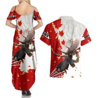 Moose Hunting Couples Matching Summer Maxi Dress and Hawaiian Shirt Canada Maple Leaf