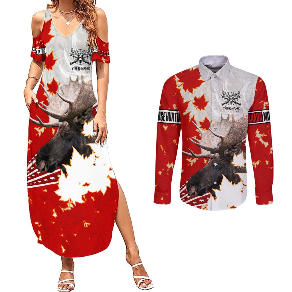 Moose Hunting Couples Matching Summer Maxi Dress and Long Sleeve Button Shirt Canada Maple Leaf