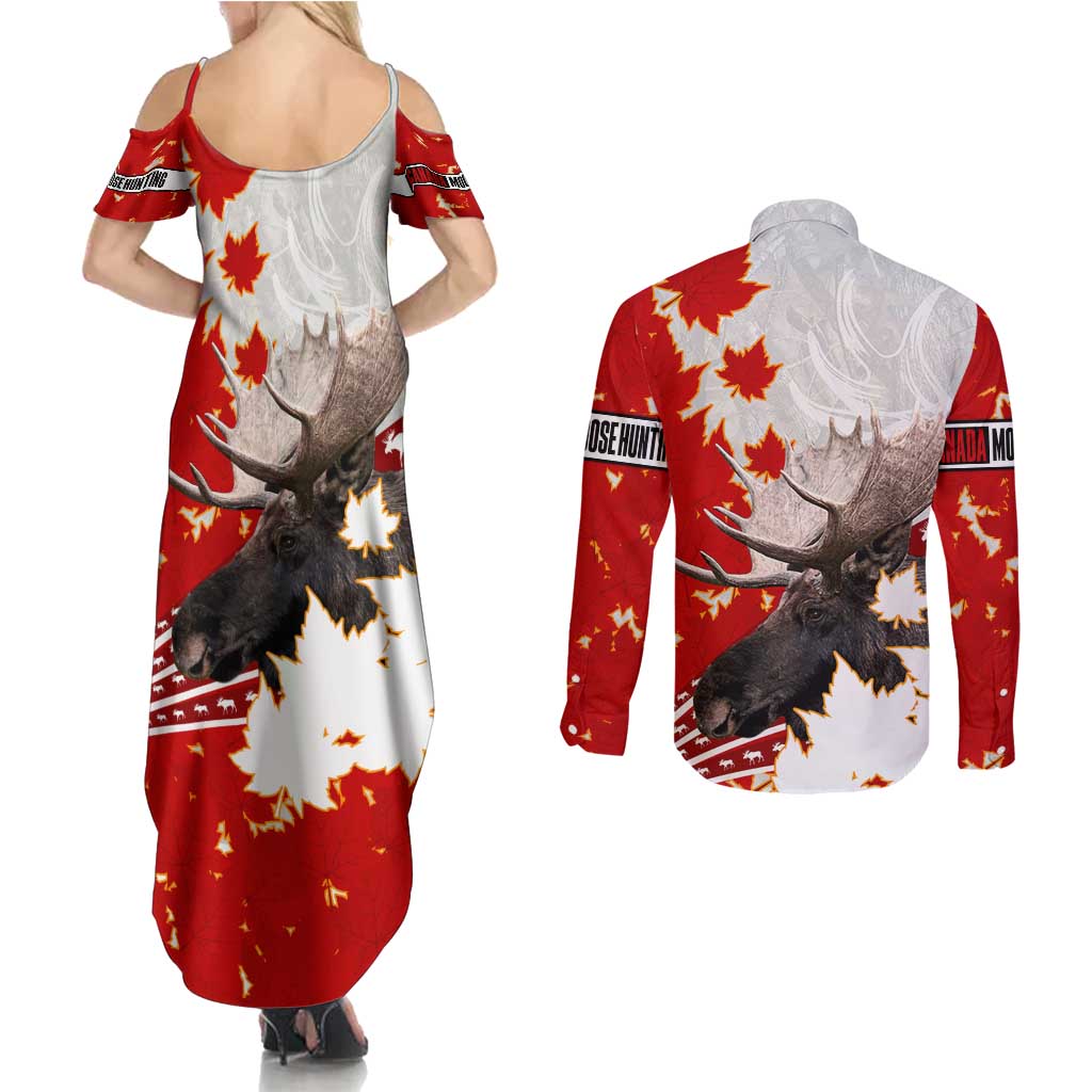 Moose Hunting Couples Matching Summer Maxi Dress and Long Sleeve Button Shirt Canada Maple Leaf