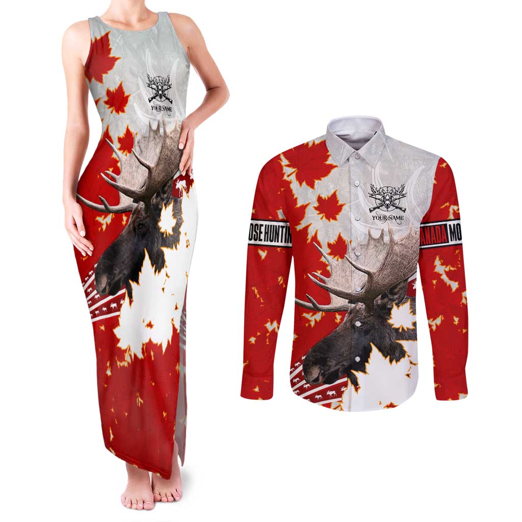 Moose Hunting Couples Matching Tank Maxi Dress and Long Sleeve Button Shirt Canada Maple Leaf