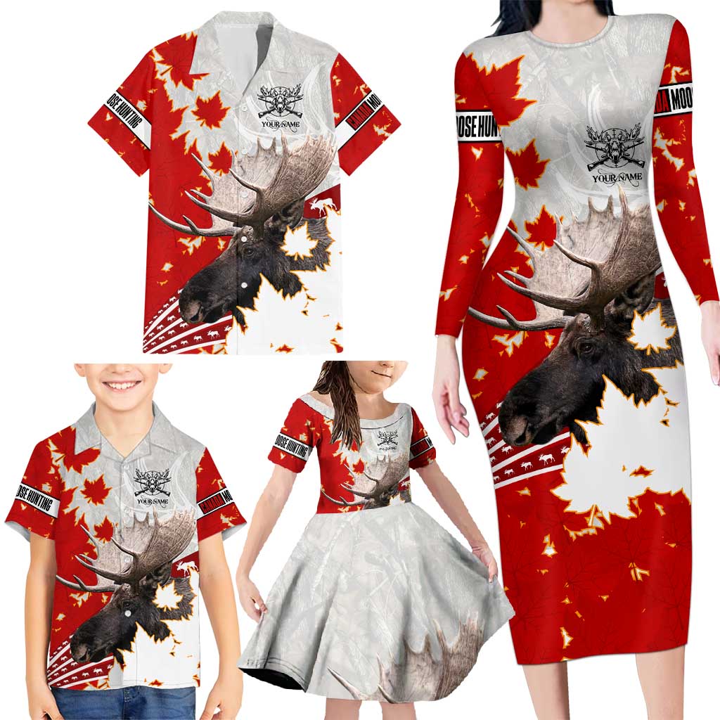 Moose Hunting Family Matching Long Sleeve Bodycon Dress and Hawaiian Shirt Canada Maple Leaf