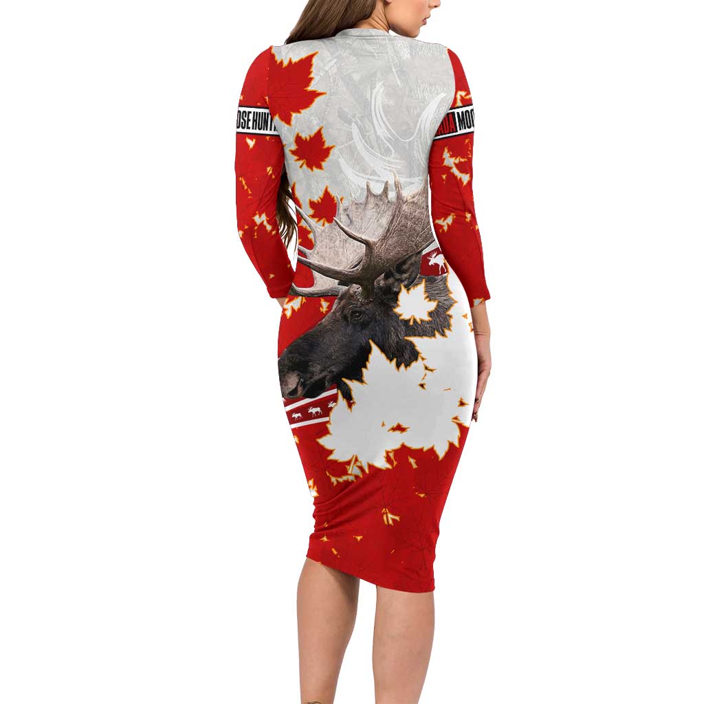 Moose Hunting Family Matching Long Sleeve Bodycon Dress and Hawaiian Shirt Canada Maple Leaf