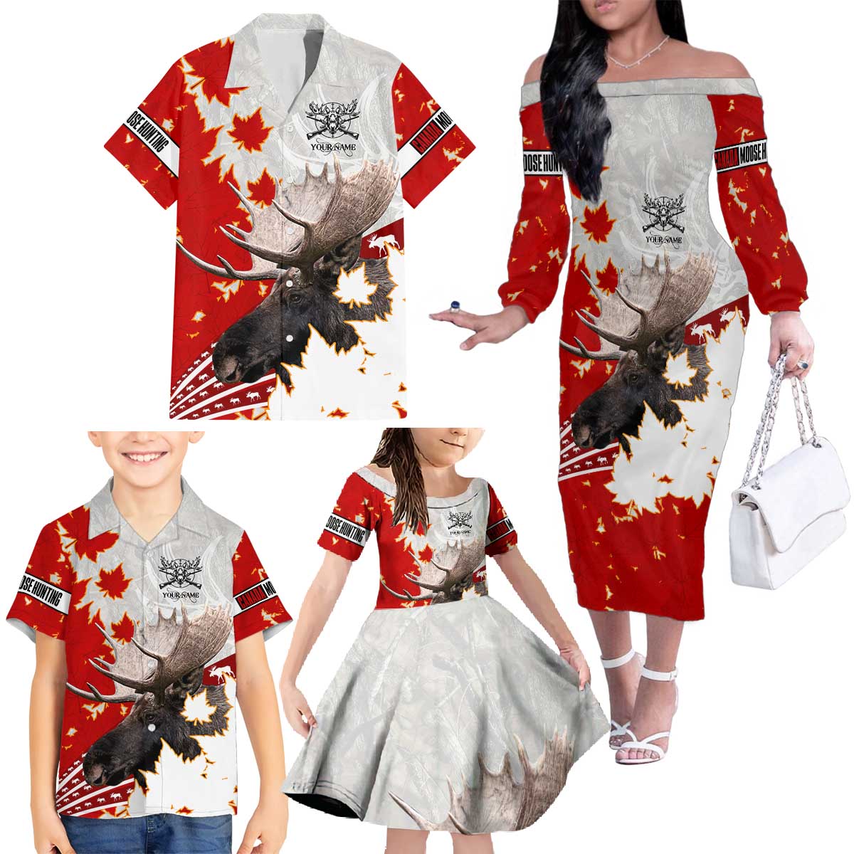 Moose Hunting Family Matching Off The Shoulder Long Sleeve Dress and Hawaiian Shirt Canada Maple Leaf