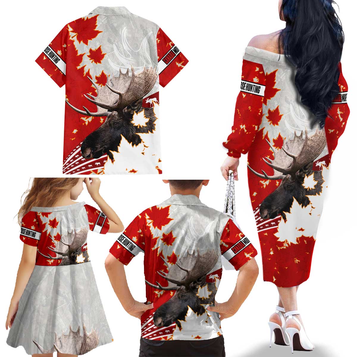 Moose Hunting Family Matching Off The Shoulder Long Sleeve Dress and Hawaiian Shirt Canada Maple Leaf
