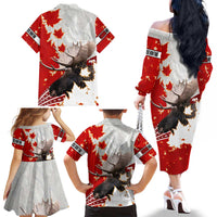 Moose Hunting Family Matching Off The Shoulder Long Sleeve Dress and Hawaiian Shirt Canada Maple Leaf