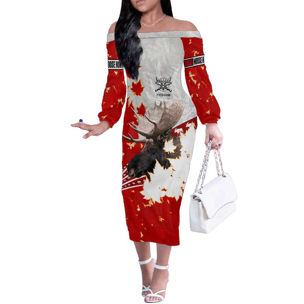 Moose Hunting Family Matching Off The Shoulder Long Sleeve Dress and Hawaiian Shirt Canada Maple Leaf