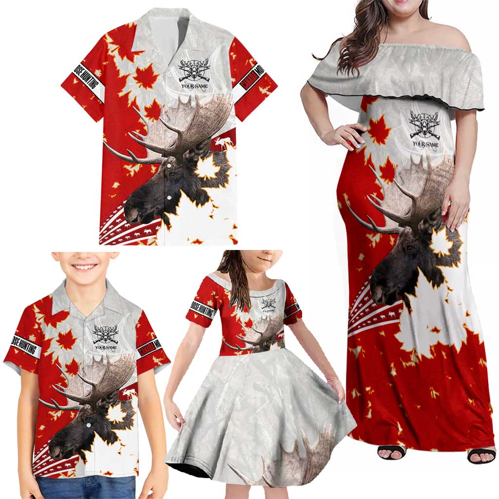Moose Hunting Family Matching Off Shoulder Maxi Dress and Hawaiian Shirt Canada Maple Leaf