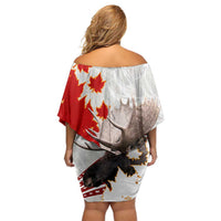 Moose Hunting Family Matching Off Shoulder Short Dress and Hawaiian Shirt Canada Maple Leaf