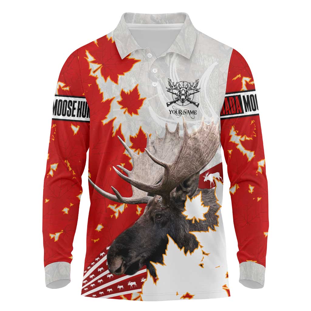Moose Hunting Long Sleeve Polo Shirt Canada Maple Leaf