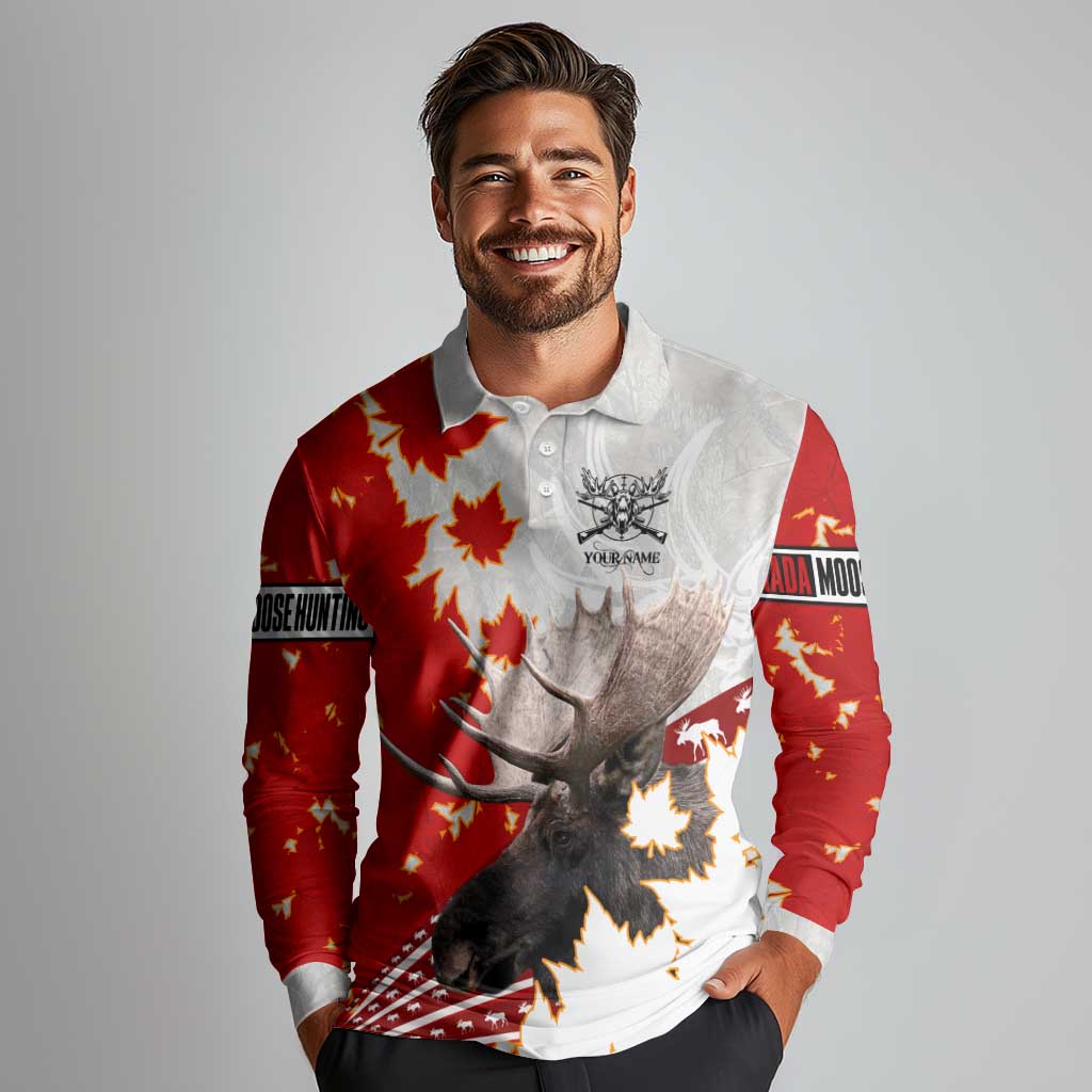 Moose Hunting Long Sleeve Polo Shirt Canada Maple Leaf