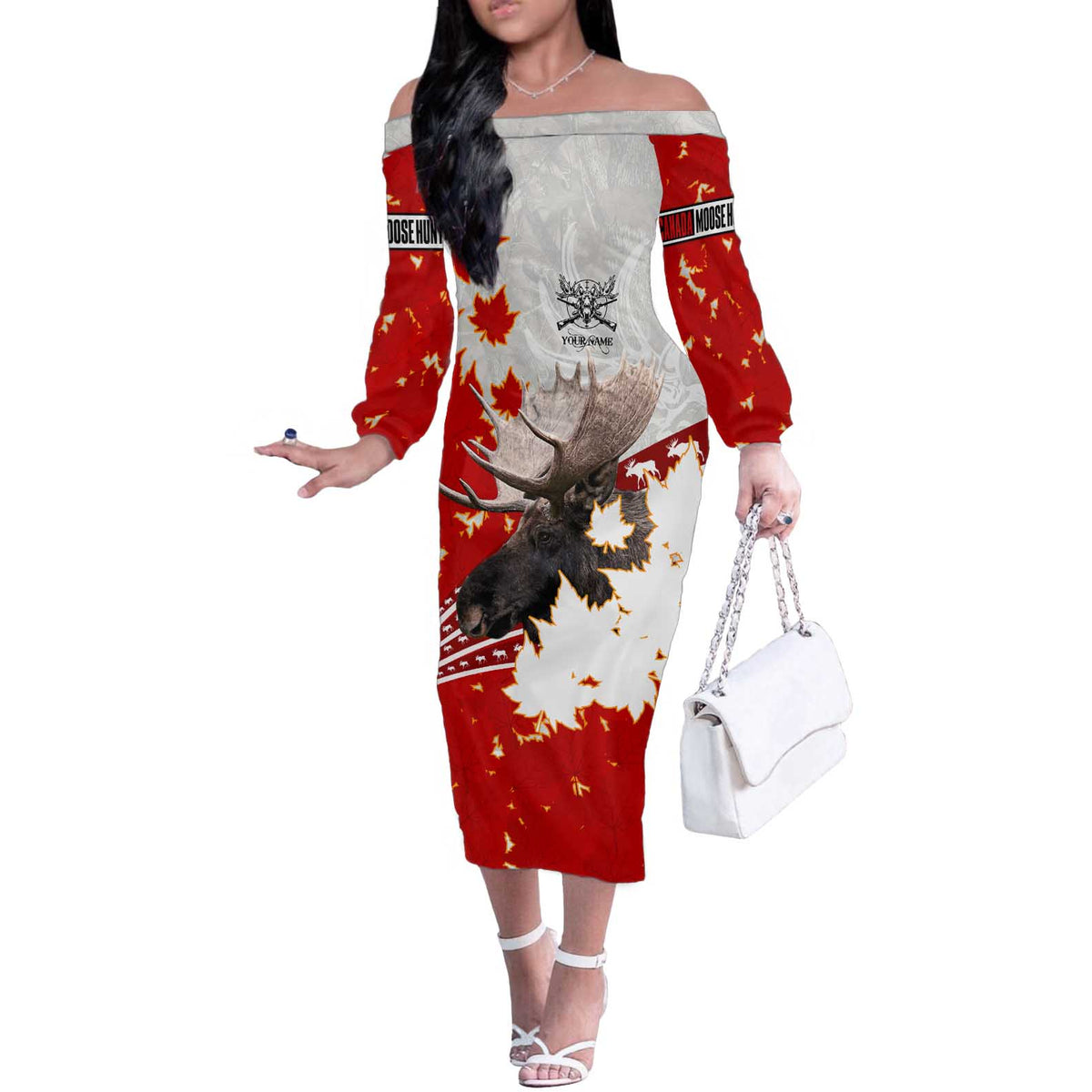 Moose Hunting Off The Shoulder Long Sleeve Dress Canada Maple Leaf