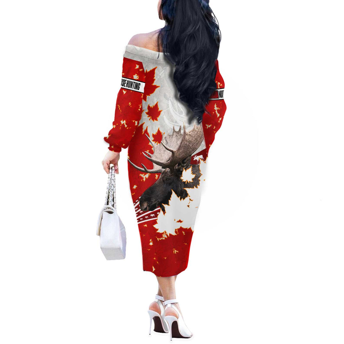 Moose Hunting Off The Shoulder Long Sleeve Dress Canada Maple Leaf
