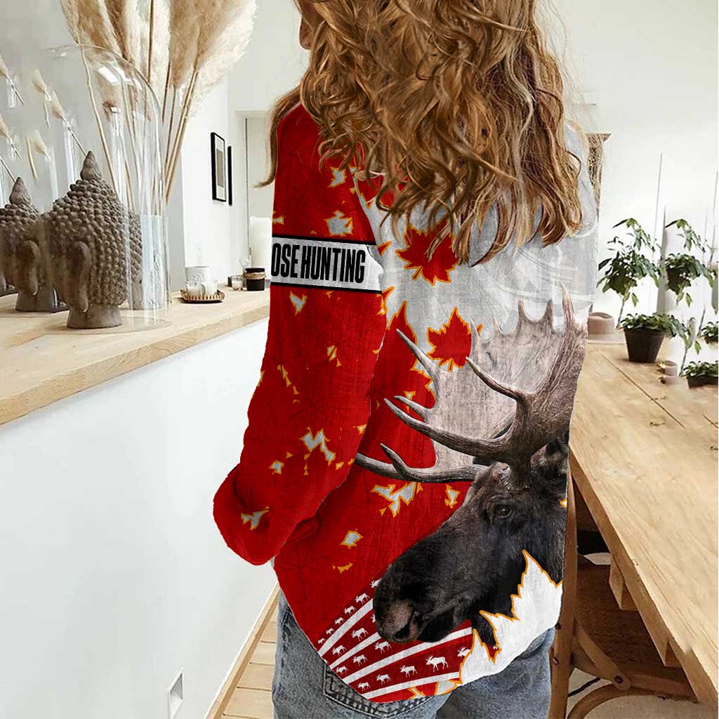 Moose Hunting Women Casual Shirt Canada Maple Leaf