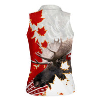 Moose Hunting Women Sleeveless Polo Shirt Canada Maple Leaf