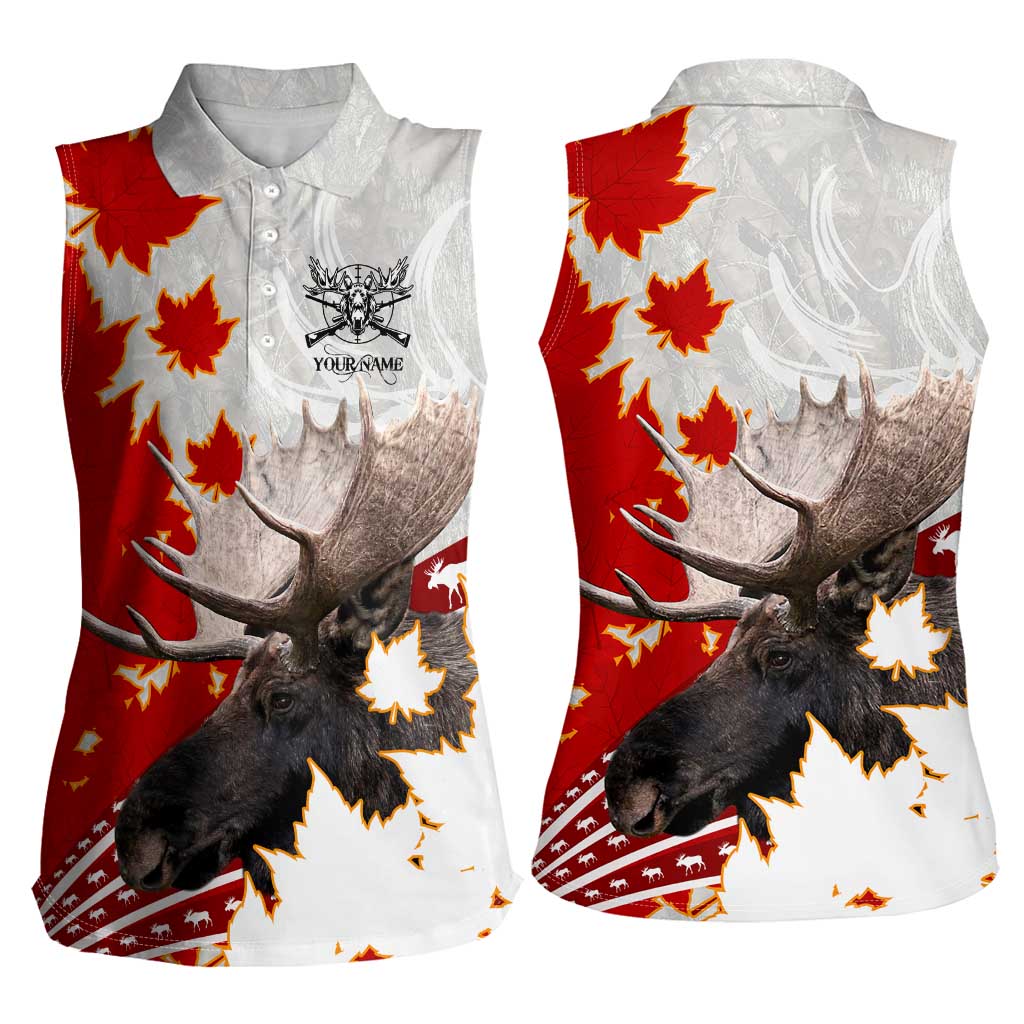 Moose Hunting Women Sleeveless Polo Shirt Canada Maple Leaf