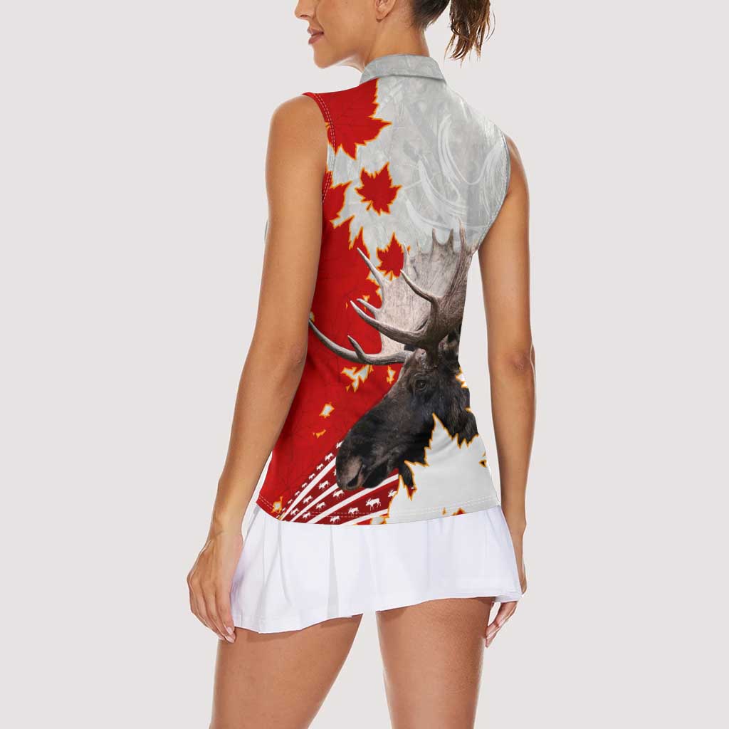 Moose Hunting Women Sleeveless Polo Shirt Canada Maple Leaf