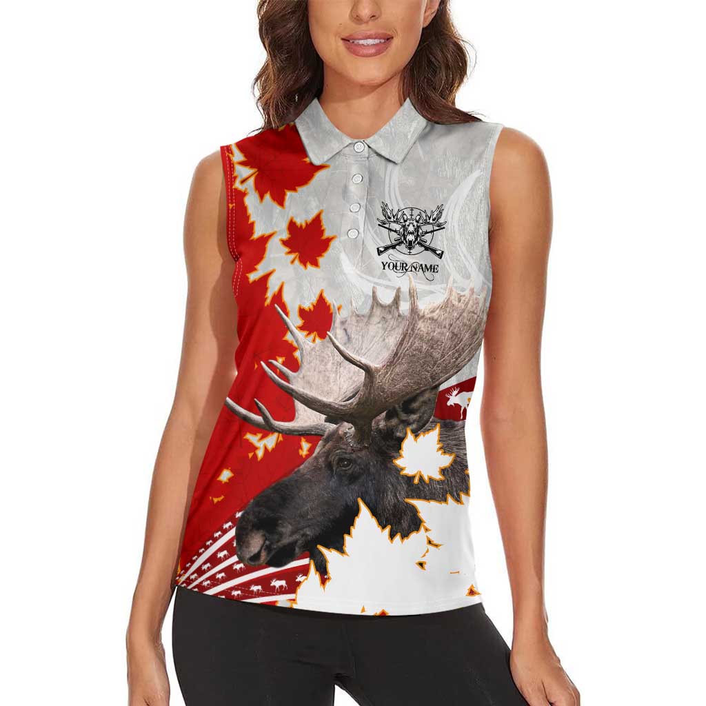 Moose Hunting Women Sleeveless Polo Shirt Canada Maple Leaf