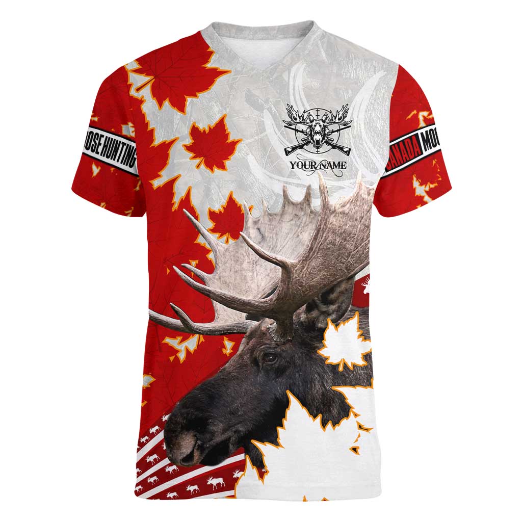 Moose Hunting Women V-Neck T-Shirt Canada Maple Leaf