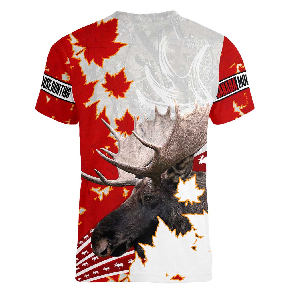 Moose Hunting Women V-Neck T-Shirt Canada Maple Leaf