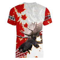 Moose Hunting Women V-Neck T-Shirt Canada Maple Leaf