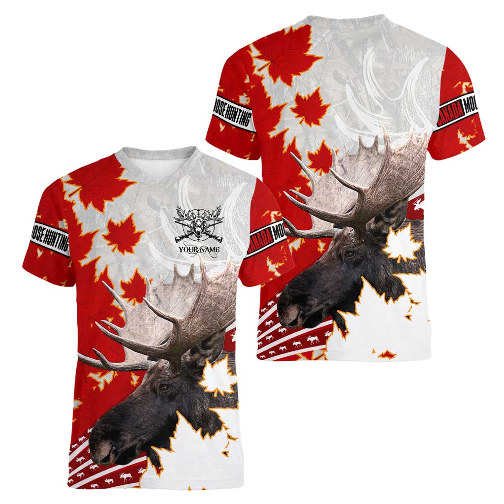 Moose Hunting Women V-Neck T-Shirt Canada Maple Leaf