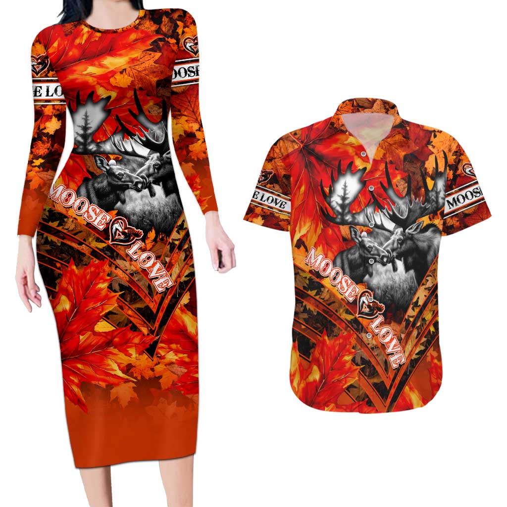 Personalized Moose Love Couples Matching Long Sleeve Bodycon Dress and Hawaiian Shirt Maple Leaf Autumn Passion