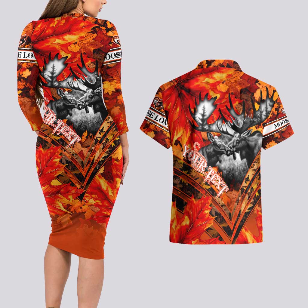 Personalized Moose Love Couples Matching Long Sleeve Bodycon Dress and Hawaiian Shirt Maple Leaf Autumn Passion