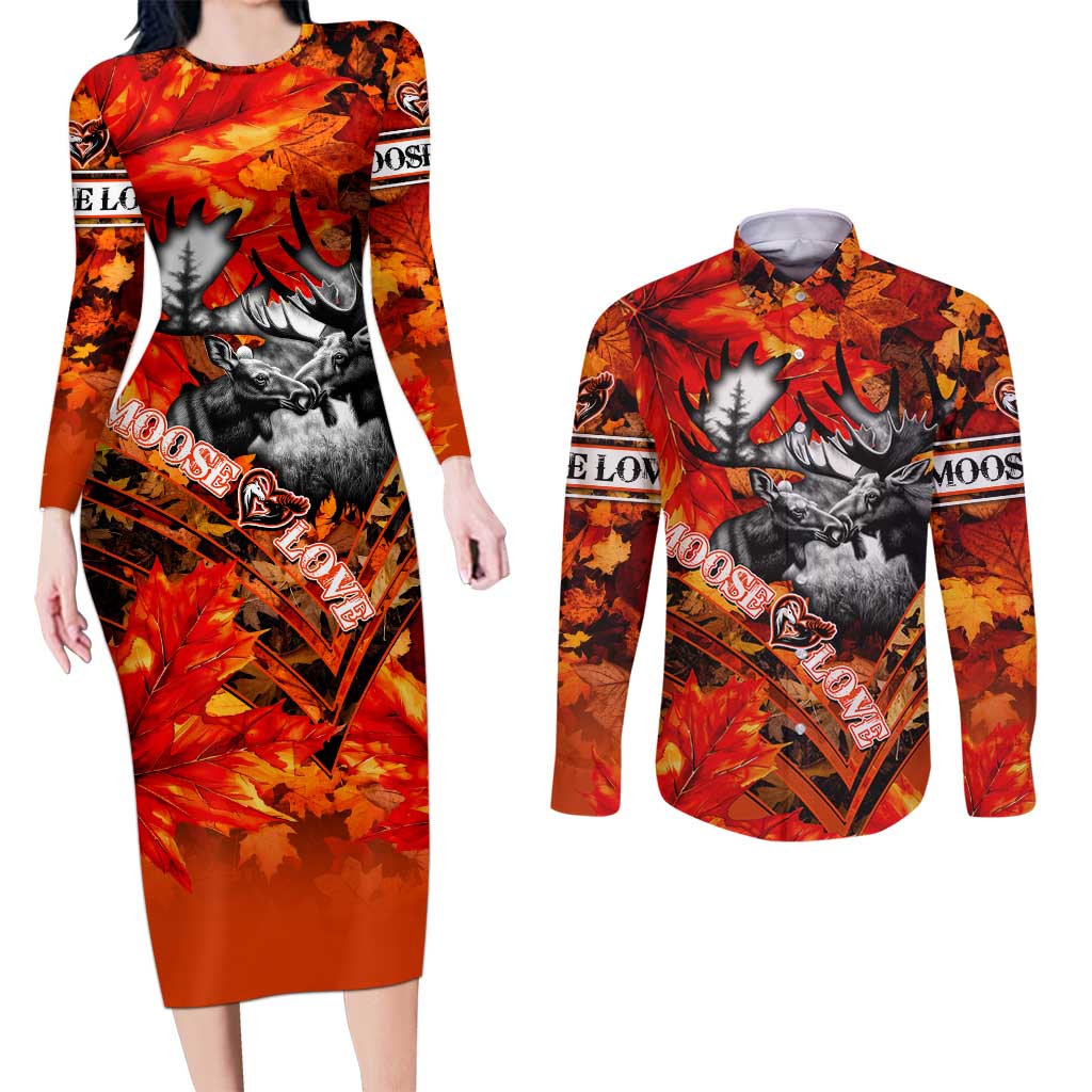Personalized Moose Love Couples Matching Long Sleeve Bodycon Dress and Long Sleeve Button Shirt Maple Leaf Autumn Passion