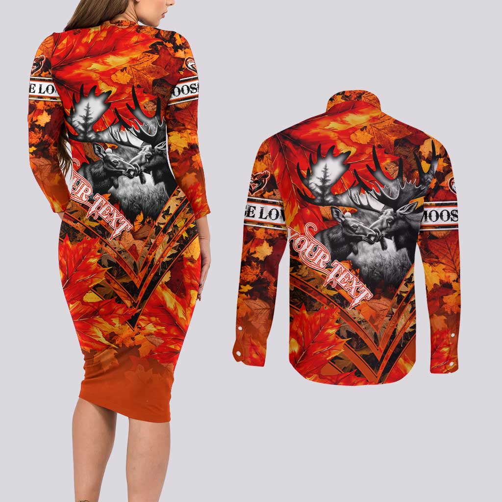 Personalized Moose Love Couples Matching Long Sleeve Bodycon Dress and Long Sleeve Button Shirt Maple Leaf Autumn Passion