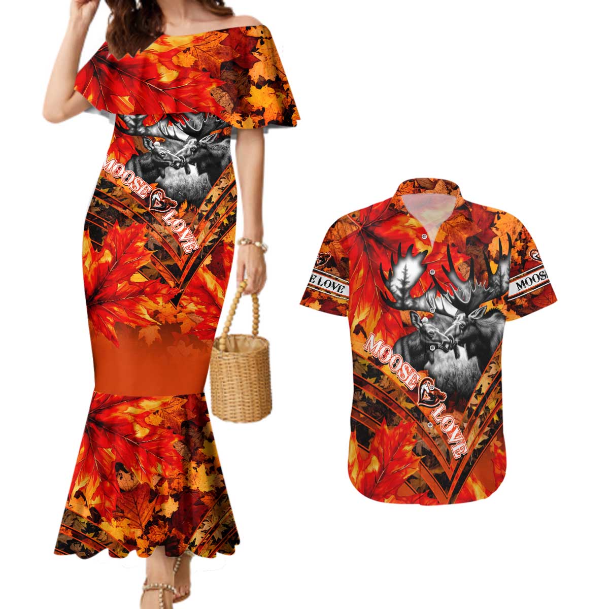 Personalized Moose Love Couples Matching Mermaid Dress and Hawaiian Shirt Maple Leaf Autumn Passion