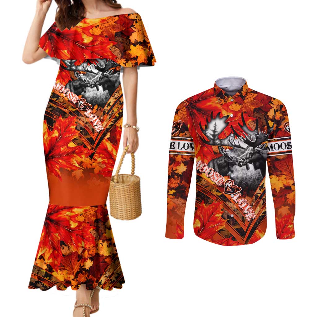 Personalized Moose Love Couples Matching Mermaid Dress and Long Sleeve Button Shirt Maple Leaf Autumn Passion