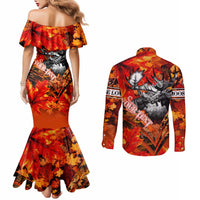 Personalized Moose Love Couples Matching Mermaid Dress and Long Sleeve Button Shirt Maple Leaf Autumn Passion