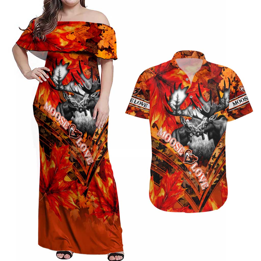 Personalized Moose Love Couples Matching Off Shoulder Maxi Dress and Hawaiian Shirt Maple Leaf Autumn Passion