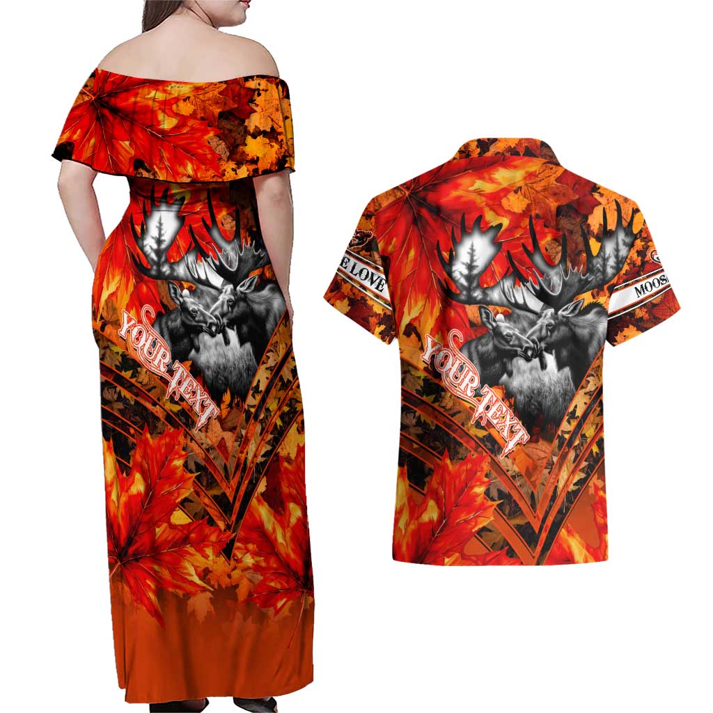 Personalized Moose Love Couples Matching Off Shoulder Maxi Dress and Hawaiian Shirt Maple Leaf Autumn Passion