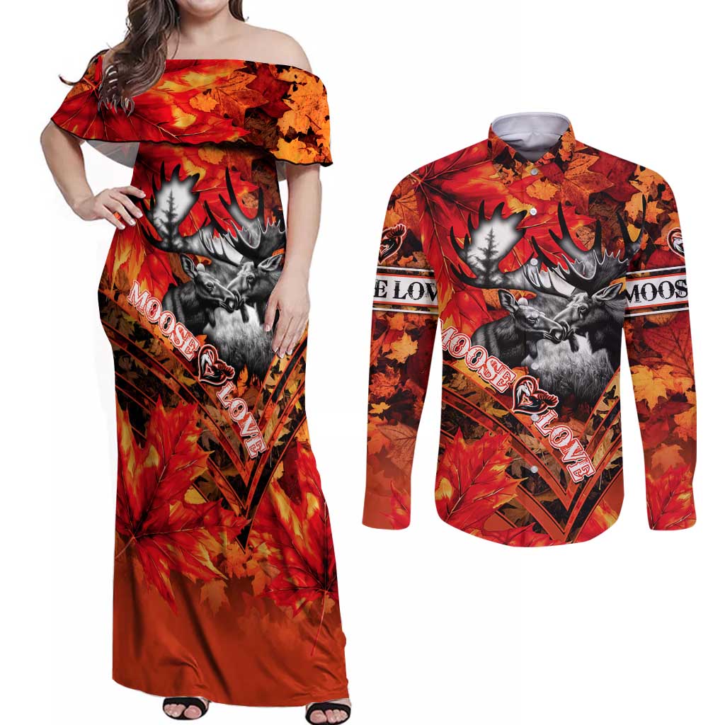 Personalized Moose Love Couples Matching Off Shoulder Maxi Dress and Long Sleeve Button Shirt Maple Leaf Autumn Passion