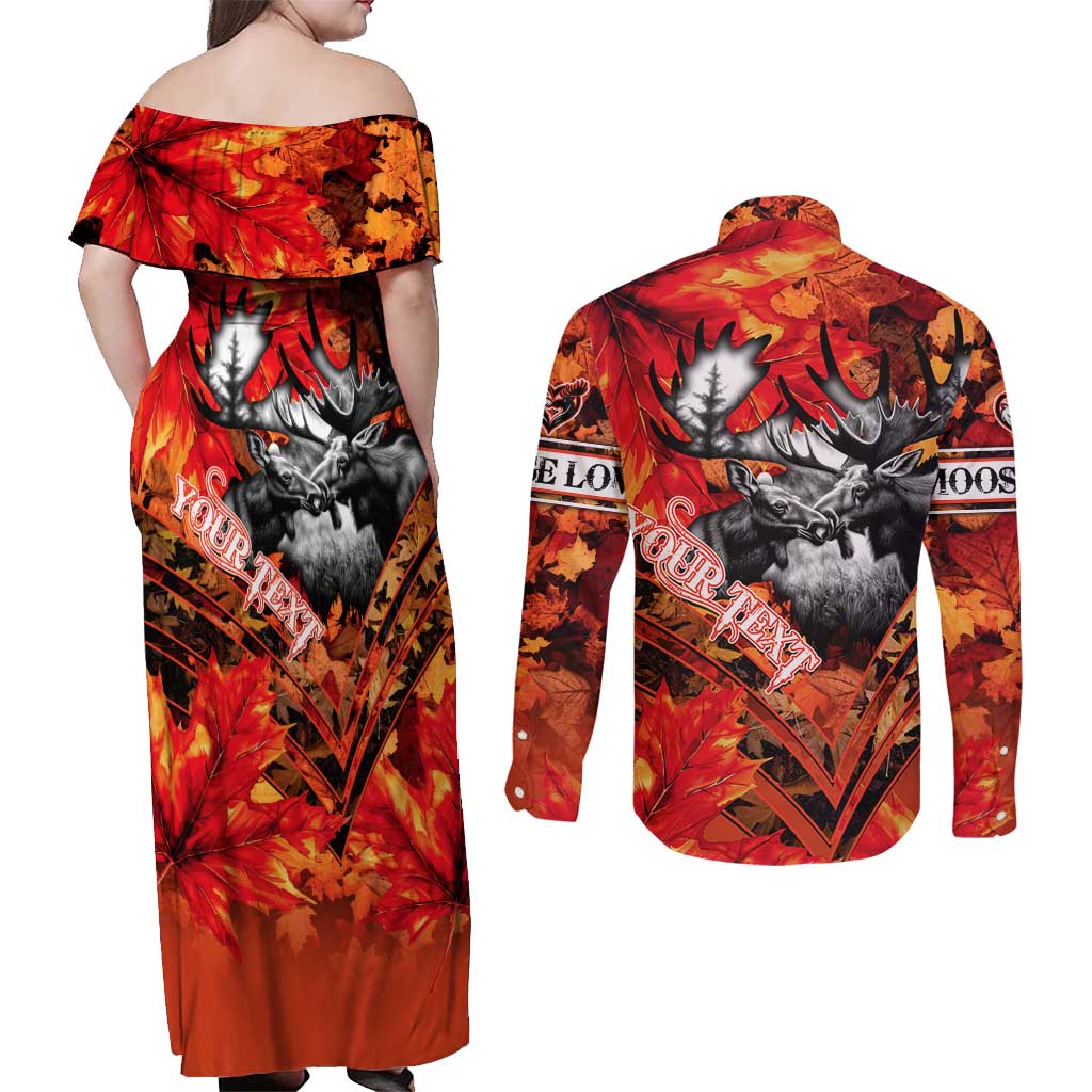 Personalized Moose Love Couples Matching Off Shoulder Maxi Dress and Long Sleeve Button Shirt Maple Leaf Autumn Passion