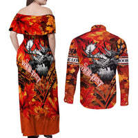 Personalized Moose Love Couples Matching Off Shoulder Maxi Dress and Long Sleeve Button Shirt Maple Leaf Autumn Passion