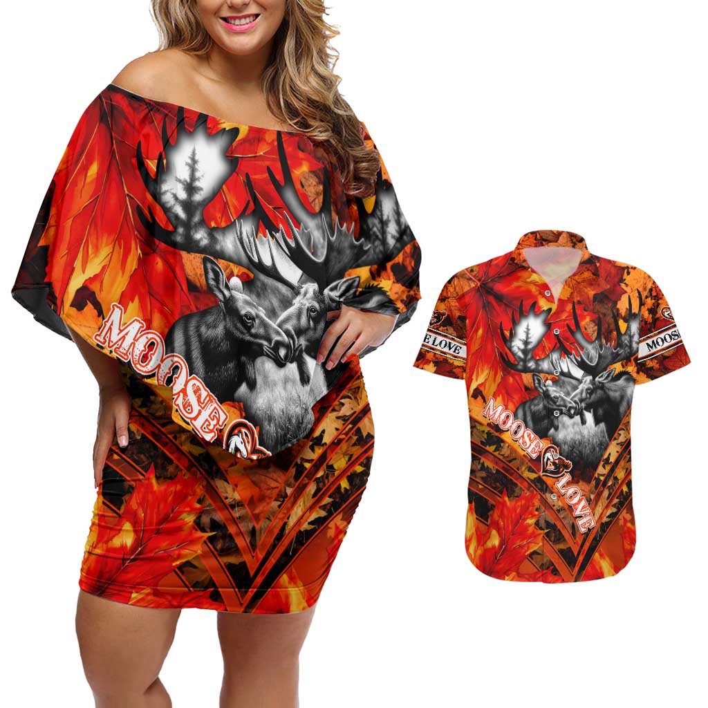 Personalized Moose Love Couples Matching Off Shoulder Short Dress and Hawaiian Shirt Maple Leaf Autumn Passion