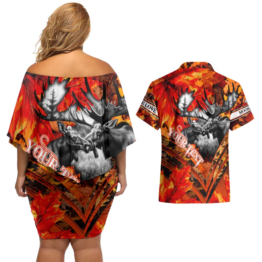 Personalized Moose Love Couples Matching Off Shoulder Short Dress and Hawaiian Shirt Maple Leaf Autumn Passion