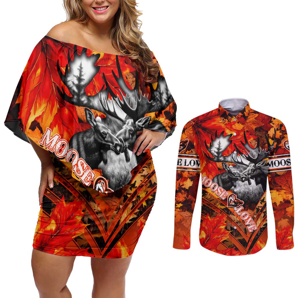 Personalized Moose Love Couples Matching Off Shoulder Short Dress and Long Sleeve Button Shirt Maple Leaf Autumn Passion