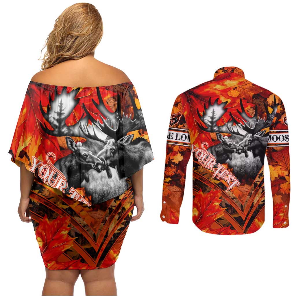 Personalized Moose Love Couples Matching Off Shoulder Short Dress and Long Sleeve Button Shirt Maple Leaf Autumn Passion