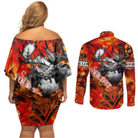 Personalized Moose Love Couples Matching Off Shoulder Short Dress and Long Sleeve Button Shirt Maple Leaf Autumn Passion