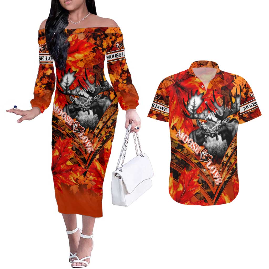Personalized Moose Love Couples Matching Off The Shoulder Long Sleeve Dress and Hawaiian Shirt Maple Leaf Autumn Passion