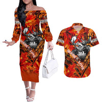 Personalized Moose Love Couples Matching Off The Shoulder Long Sleeve Dress and Hawaiian Shirt Maple Leaf Autumn Passion