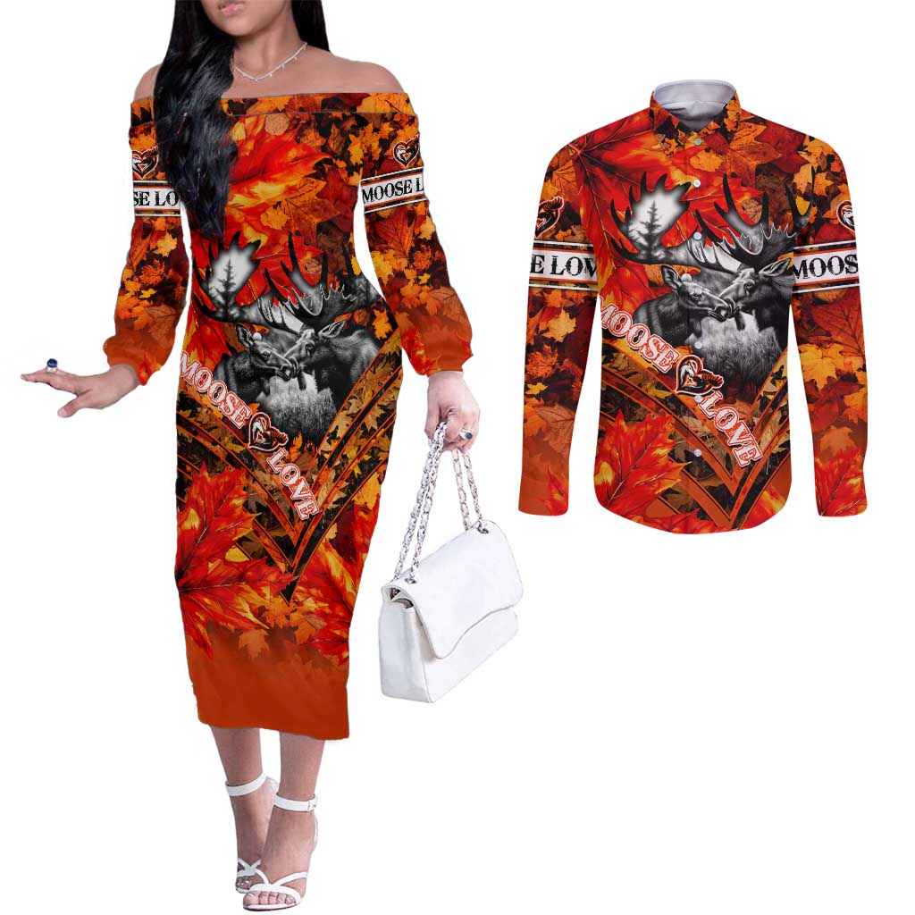 Personalized Moose Love Couples Matching Off The Shoulder Long Sleeve Dress and Long Sleeve Button Shirt Maple Leaf Autumn Passion