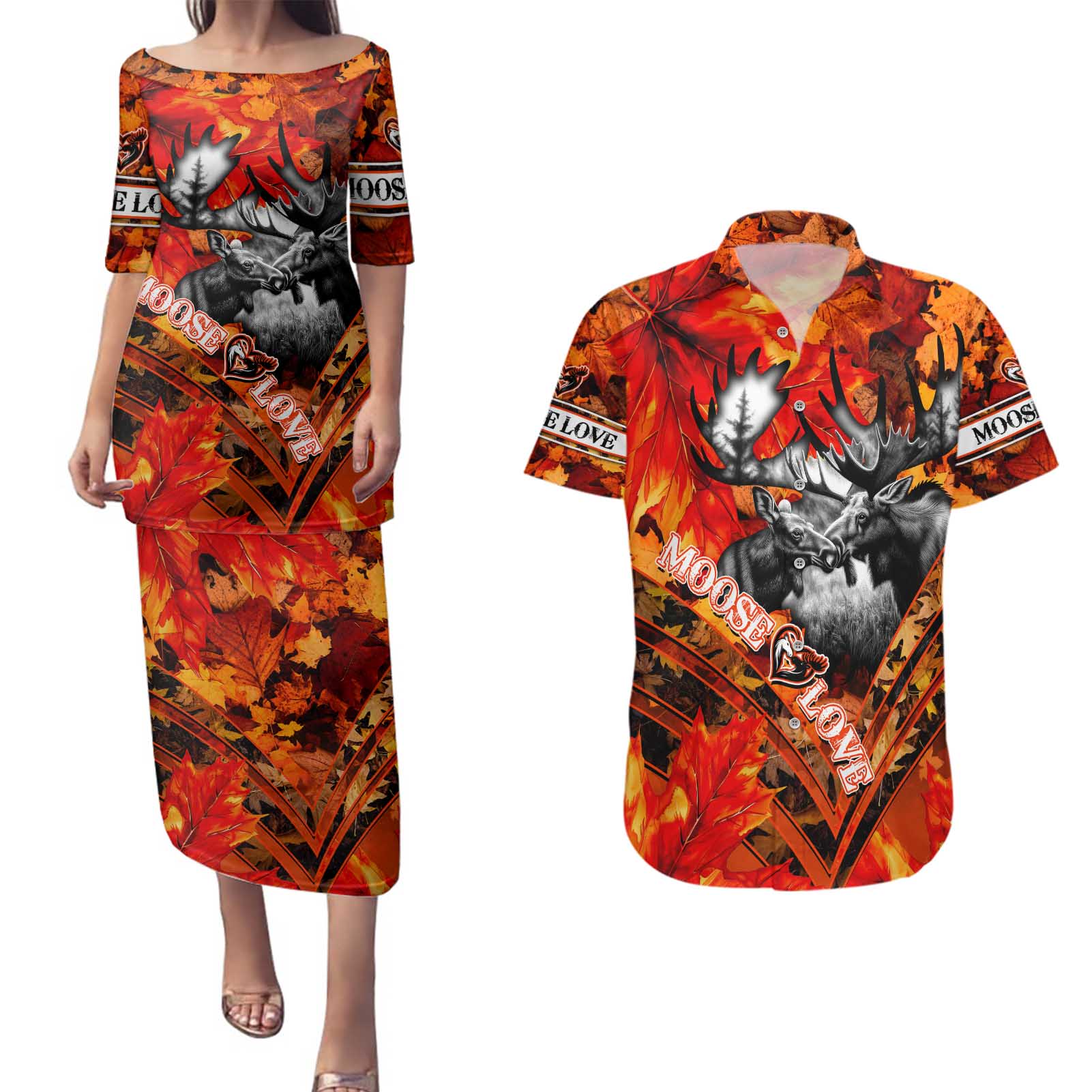 Personalized Moose Love Couples Matching Puletasi and Hawaiian Shirt Maple Leaf Autumn Passion